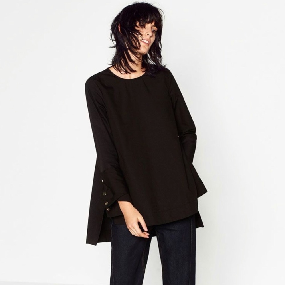 ZARA Black Side Split Button Sleeve Blouse
